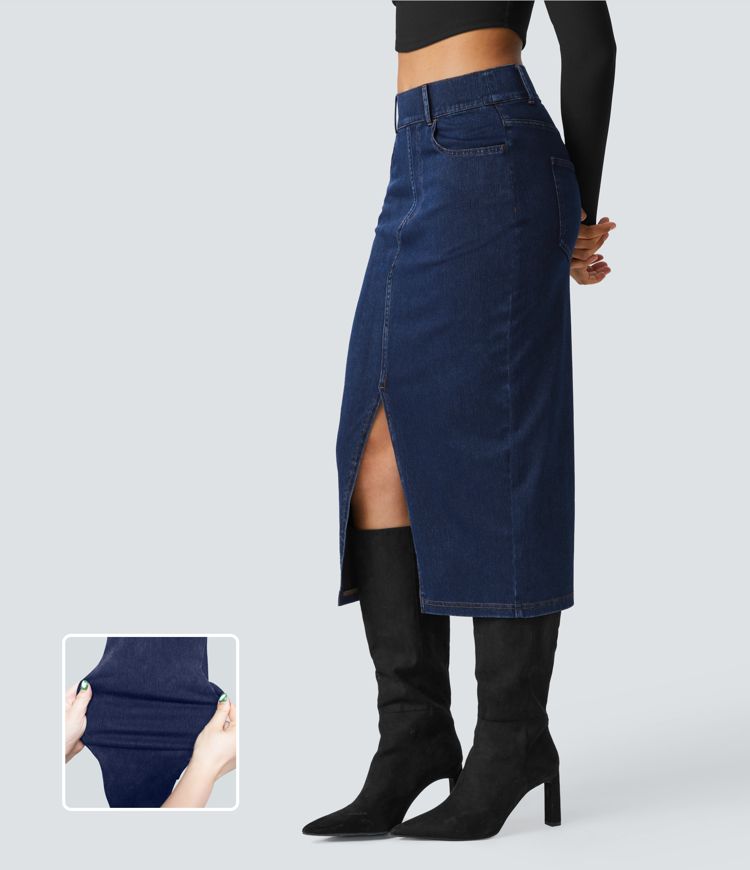 High-Waisted Denim Midi Skirt with Side Slit | Stretch Denim | Elegant and Versatile