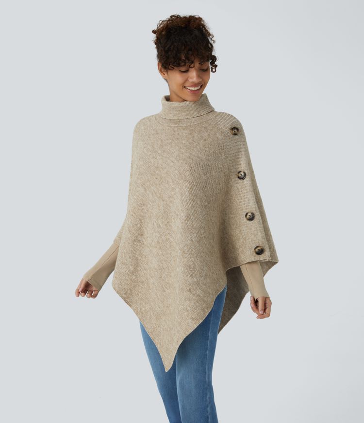 Asymmetric Knit Poncho with Button Details | Beige | Cozy and Chic