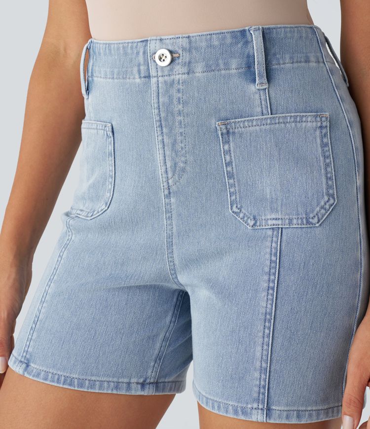 High-Waisted Denim Shorts with Patch Pockets | Stretch Cotton | Vintage and Stylish