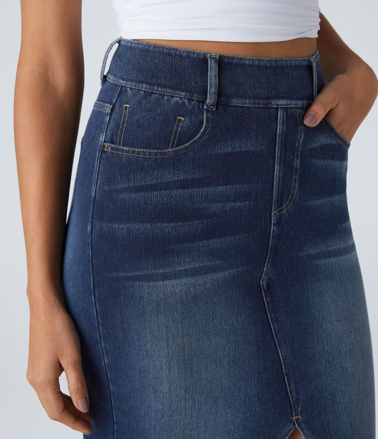 High-Waisted Denim Pencil Skirt with Front Slit | Stretch Denim | Chic and Flattering