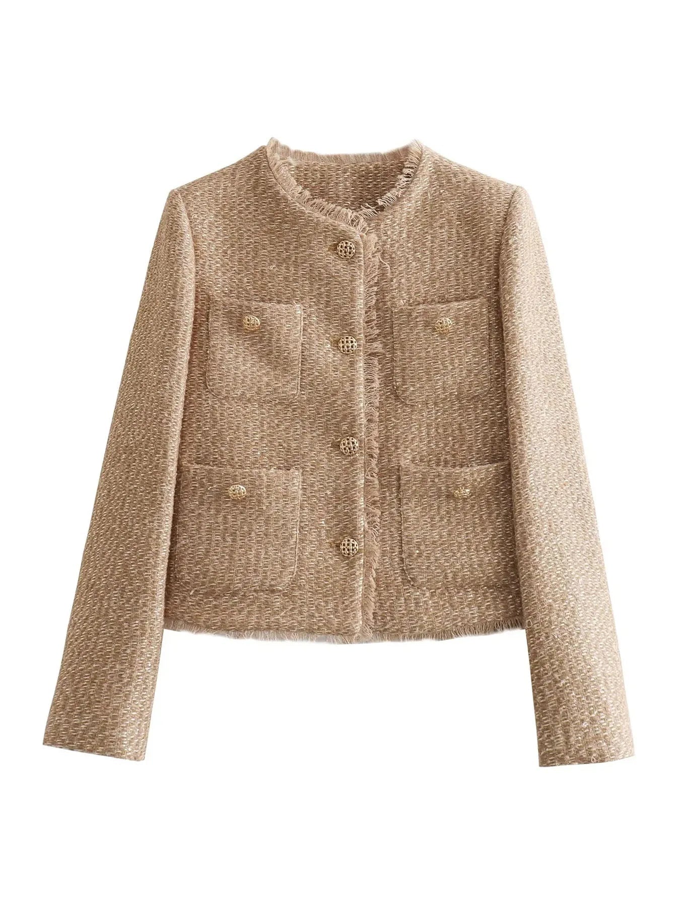 Textured Tweed Blazer | Cropped Fit | Stylish Gold Buttons | Sophisticated Layering Piece