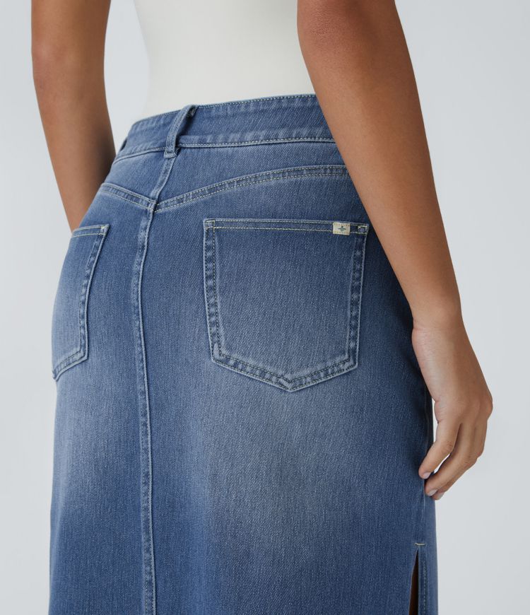 High-Waisted Denim Pencil Skirt | Light Wash | Side Slit Detail | Casual Chic