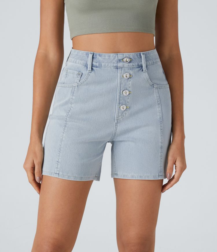 High-Waisted Denim Shorts | Light Blue | Button-Front Style