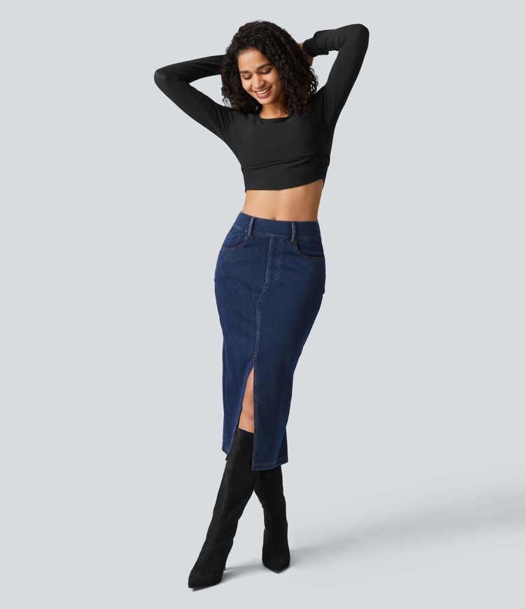 High-Waisted Denim Midi Skirt with Side Slit | Stretch Denim | Elegant and Versatile