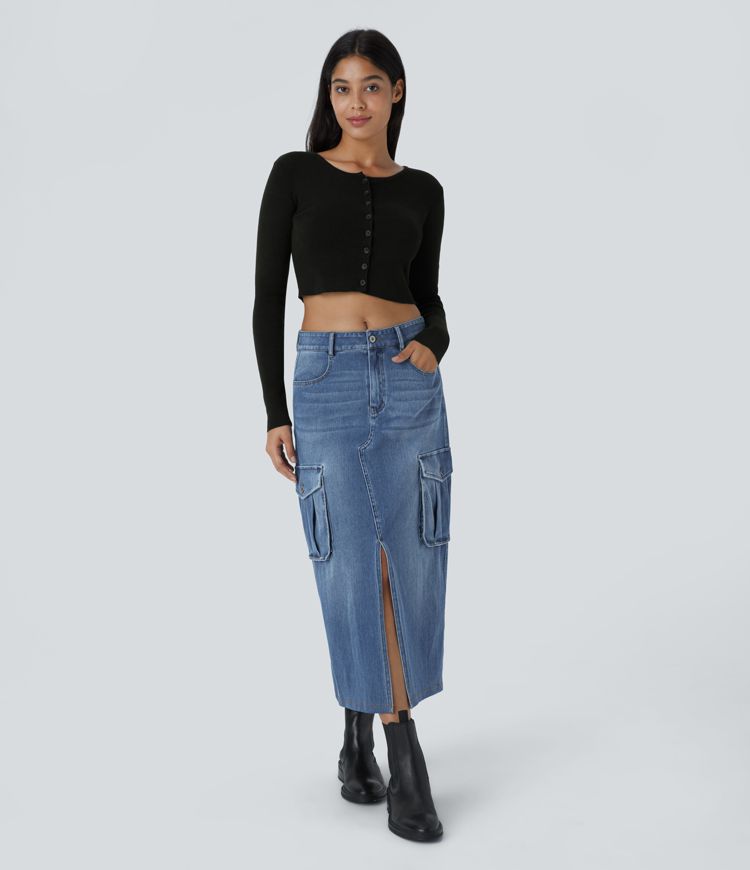 High-Waisted Denim Midi Skirt | Utility Pockets & Side Slit | Light Wash | Casual-Chic Style