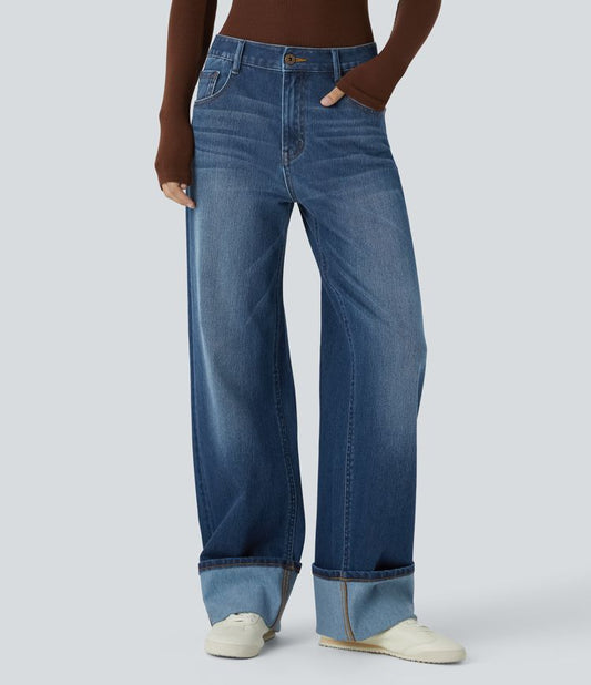 High-Waisted Wide-Leg Jeans | Medium Blue | Rolled Hem Style