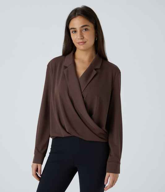 Draped Wrap Blouse | Long Sleeves | Soft Stretch Fabric | Effortless Elegance