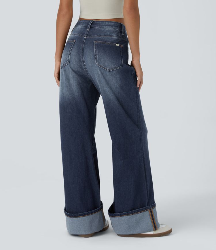 Wide-Leg High-Waisted Jeans with Cuffed Hem | Dark Wash Denim | Retro-Inspired Style