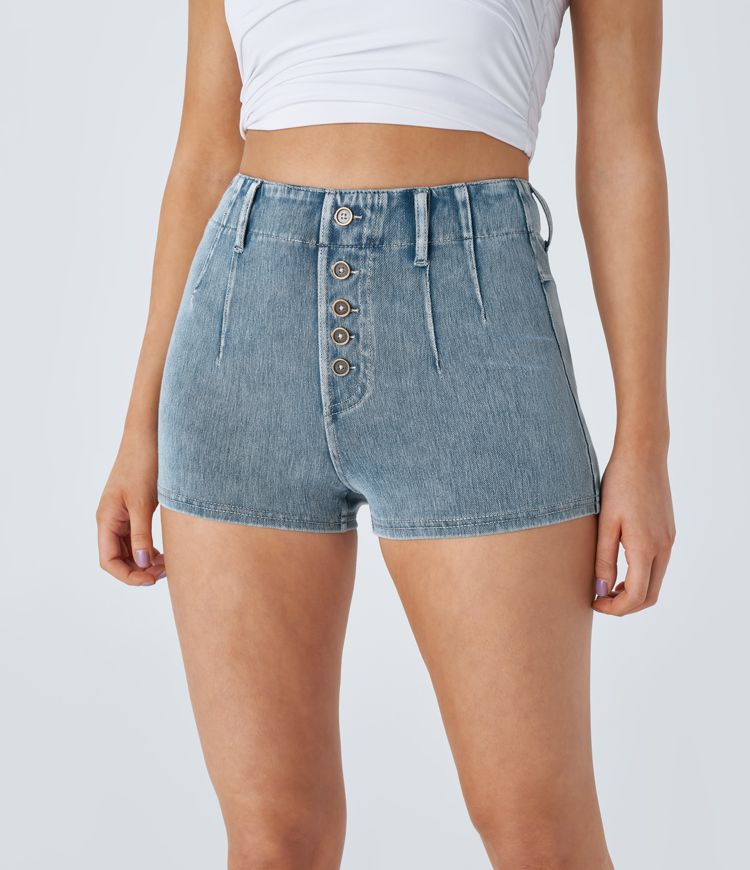 High-Waisted Button-Front Cheeky Denim Shorts | Stretch Cotton | Retro and Playful