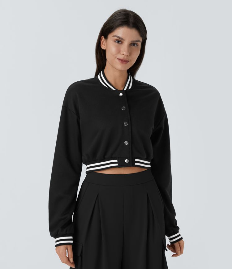 Cropped Varsity Jacket | Black | Sporty and Stylish