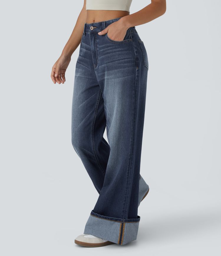 Wide-Leg High-Waisted Jeans with Cuffed Hem | Dark Wash Denim | Retro-Inspired Style