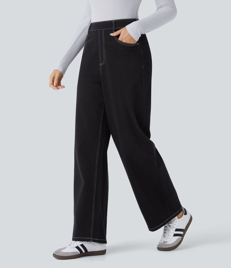 High-Waisted Wide-Leg Black Jeans | Contrast Stitching | Relaxed and Stylish