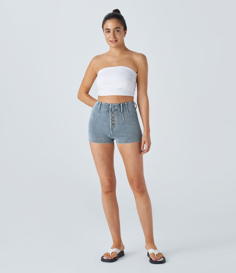 High-Waisted Button-Front Cheeky Denim Shorts | Stretch Cotton | Retro and Playful