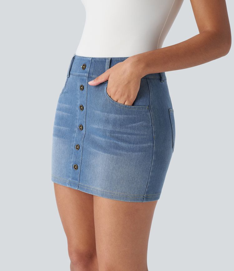 High-Waisted Button-Front Denim Mini Skirt | Stretch Cotton | Classic and Trendy