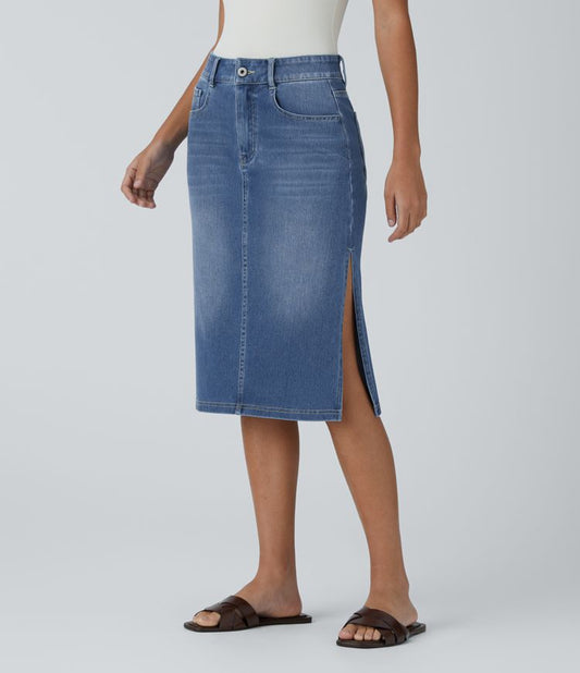 High-Waisted Denim Pencil Skirt | Light Wash | Side Slit Detail | Casual Chic