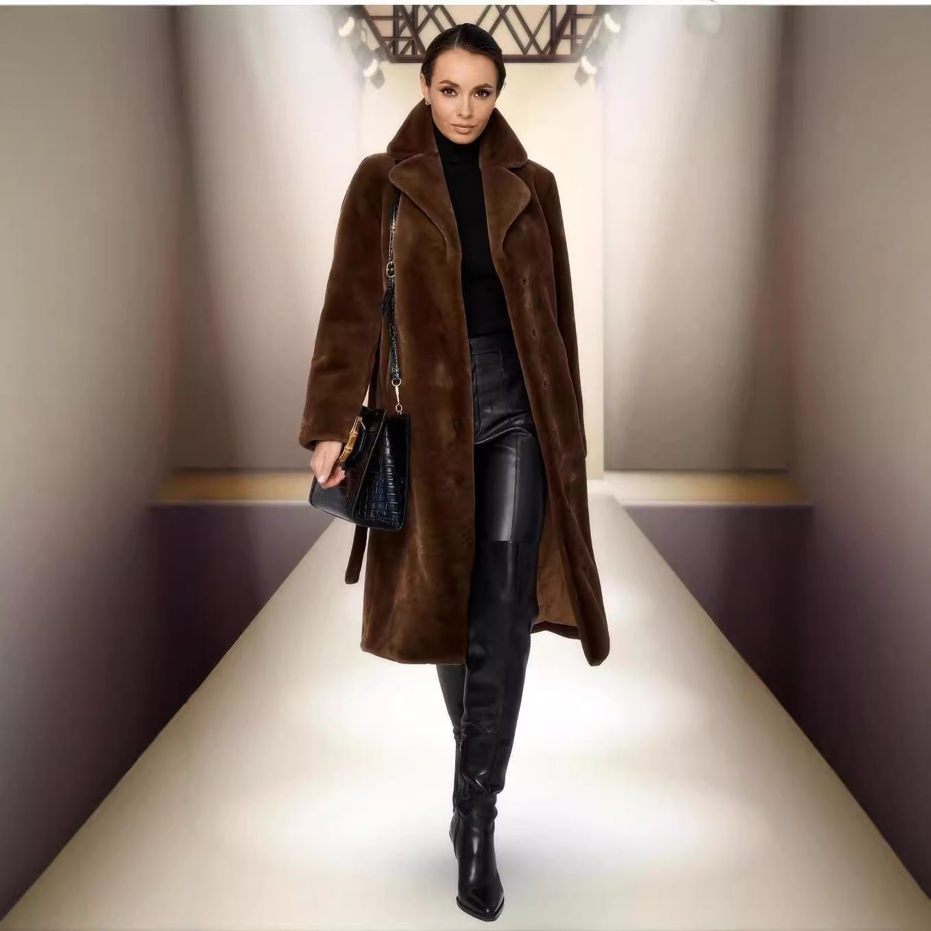 Full-Length Faux Fur Coat | Belted Waist | Luxurious Warmth