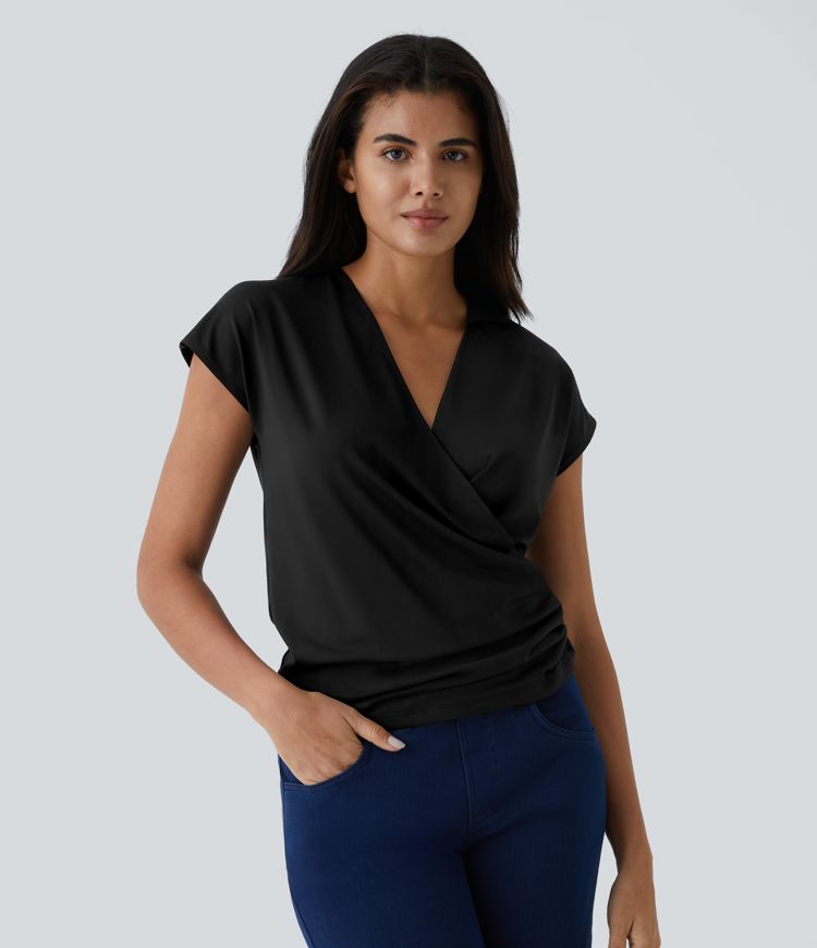 Draped Wrap V-Neck Top | Elegant Fit | Soft Stretch Fabric | Versatile Style