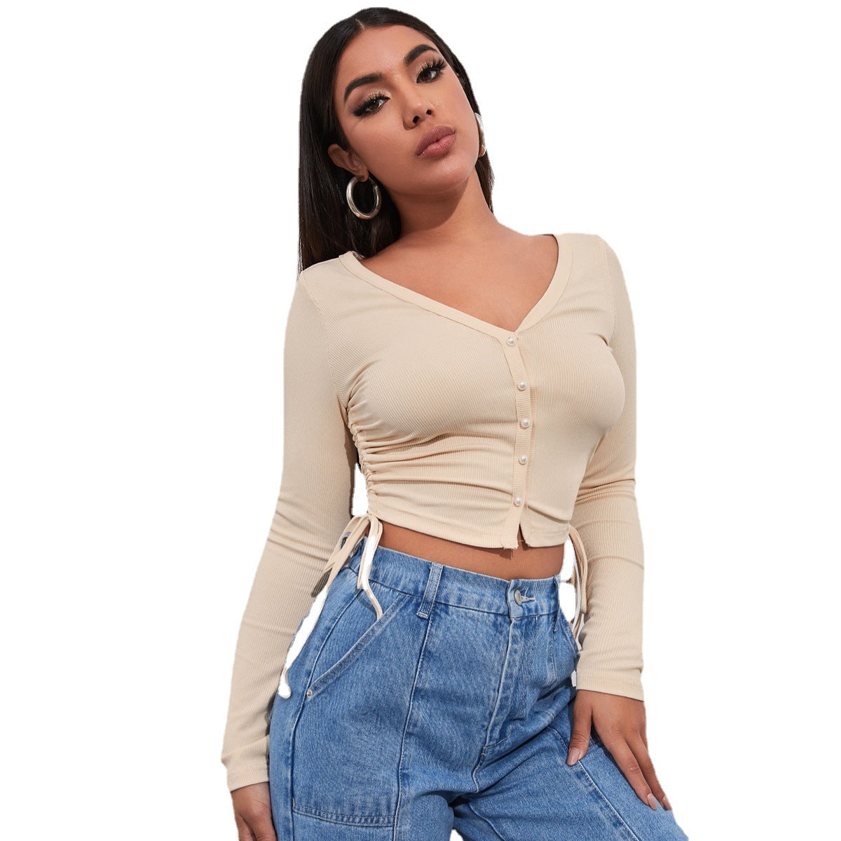 Ruched Long-Sleeve Crop Top | Adjustable Fit | Trendy Style