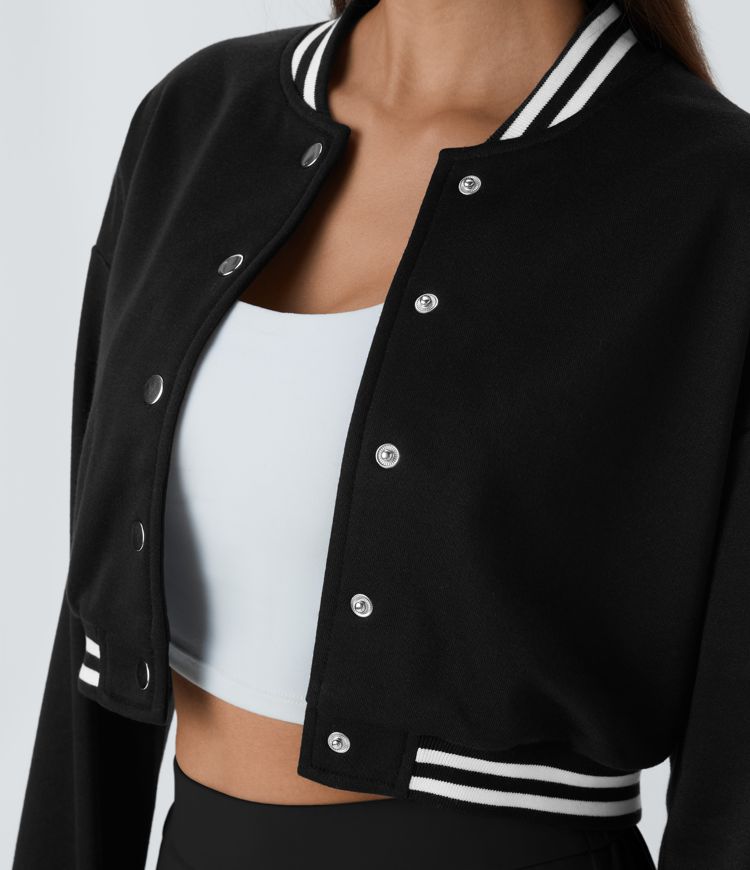 Cropped Varsity Jacket | Black | Sporty and Stylish