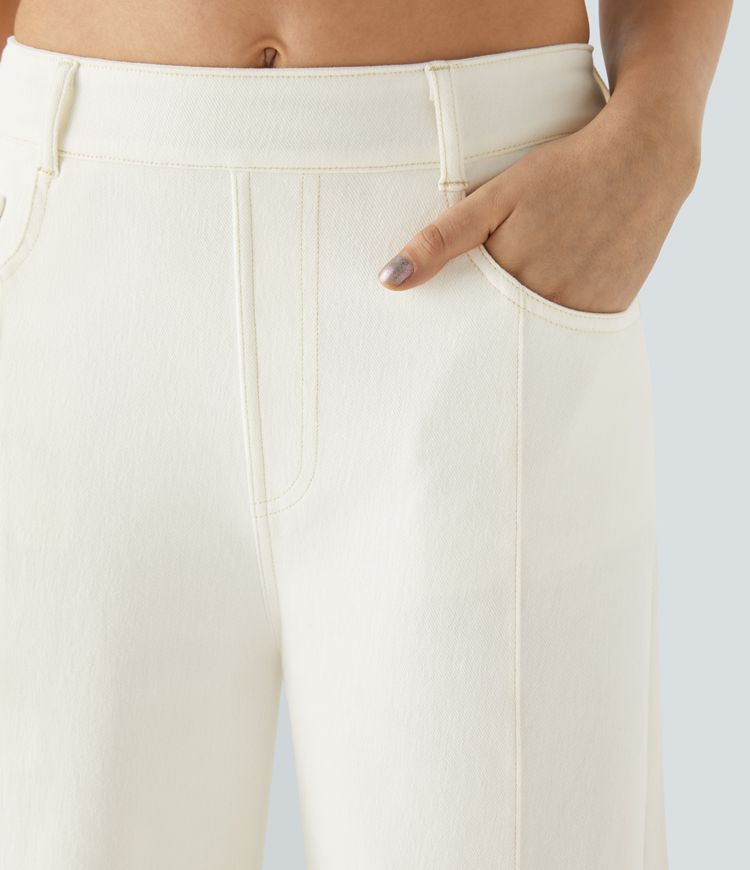 High-Waisted Wide-Leg Pants | White with Lace Panels | Lightweight and Chic