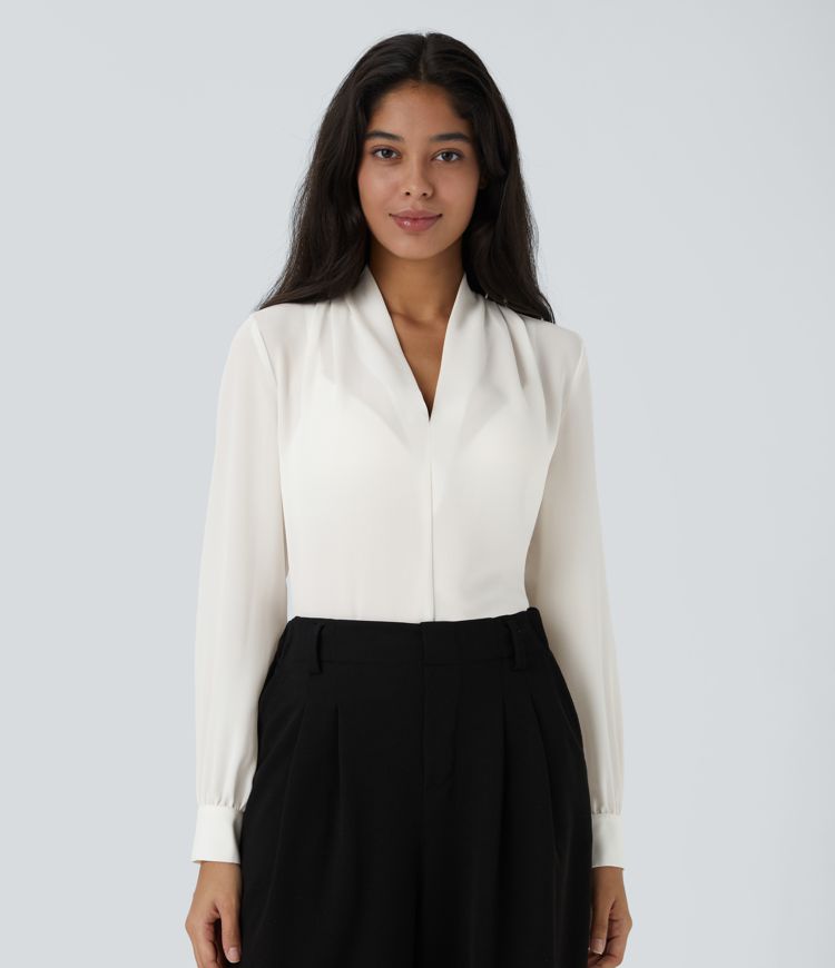 Classic V-Neck Long Sleeve Blouse | Tailored Fit | Lightweight Fabric | Office Chic