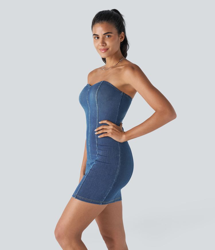 Strapless Denim Mini Dress | Sweetheart Neckline | Stretch Fit