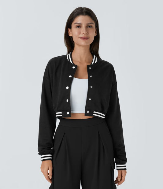 Cropped Varsity Jacket | Black | Sporty and Stylish