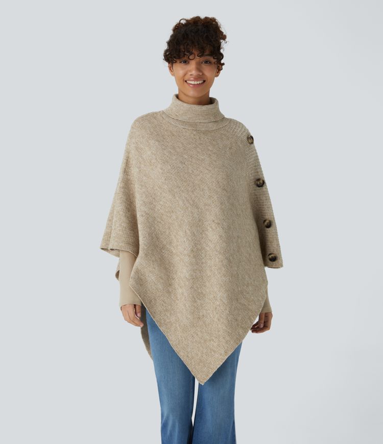 Asymmetric Knit Poncho with Button Details | Beige | Cozy and Chic