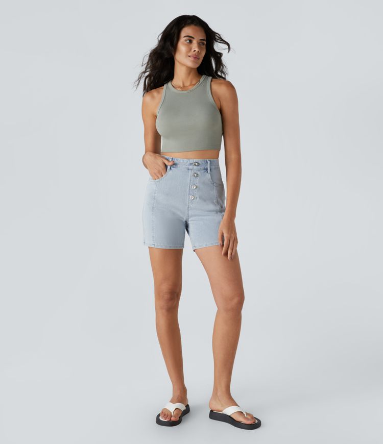 High-Waisted Denim Shorts | Light Blue | Button-Front Style