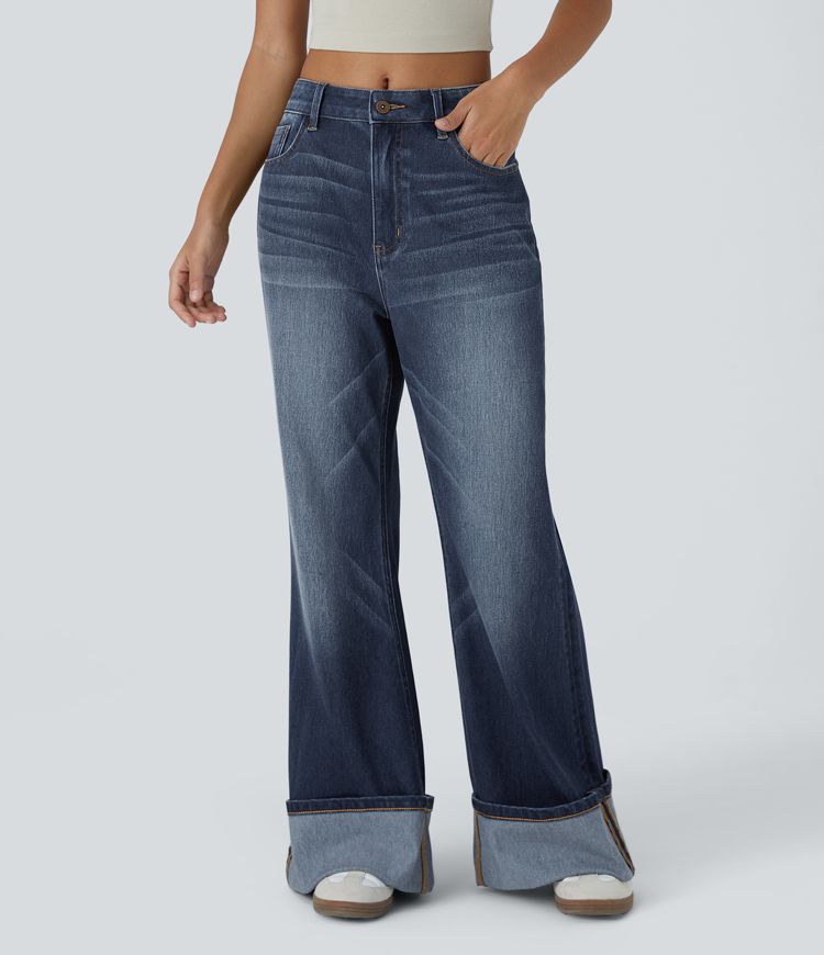 Wide-Leg High-Waisted Jeans with Cuffed Hem | Dark Wash Denim | Retro-Inspired Style