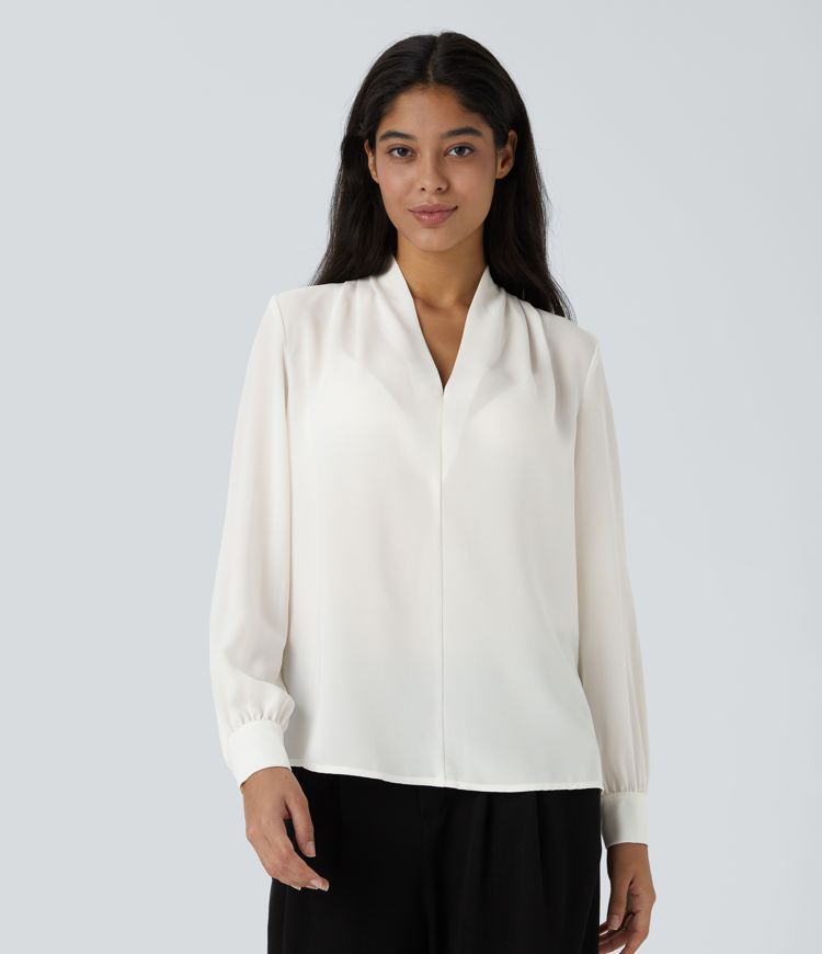 Classic V-Neck Long Sleeve Blouse | Tailored Fit | Lightweight Fabric | Office Chic