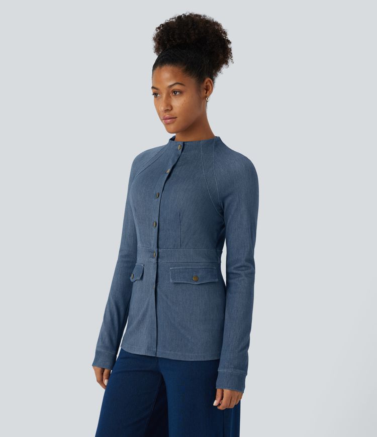 Fitted High-Collar Jacket | Blue | Elegant and Functional