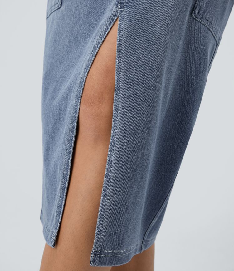 High-Waisted Denim Cargo Skirt | Light Wash | Side Slit & Pocket Details | Casual Utility Style