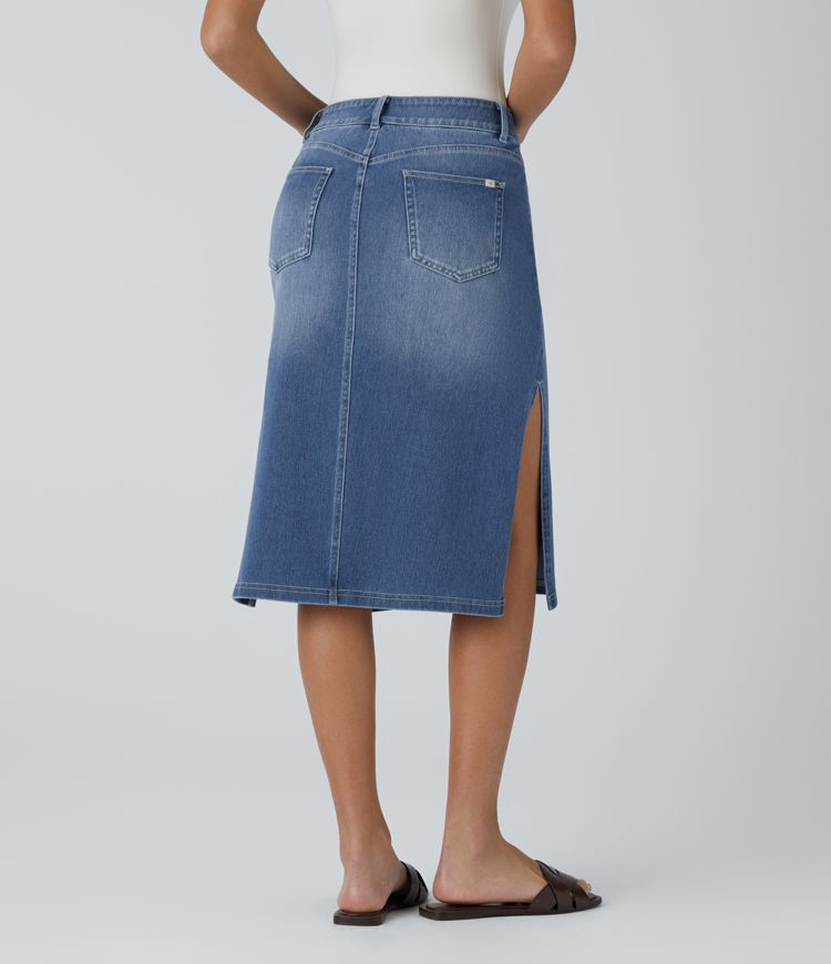 High-Waisted Denim Pencil Skirt | Light Wash | Side Slit Detail | Casual Chic