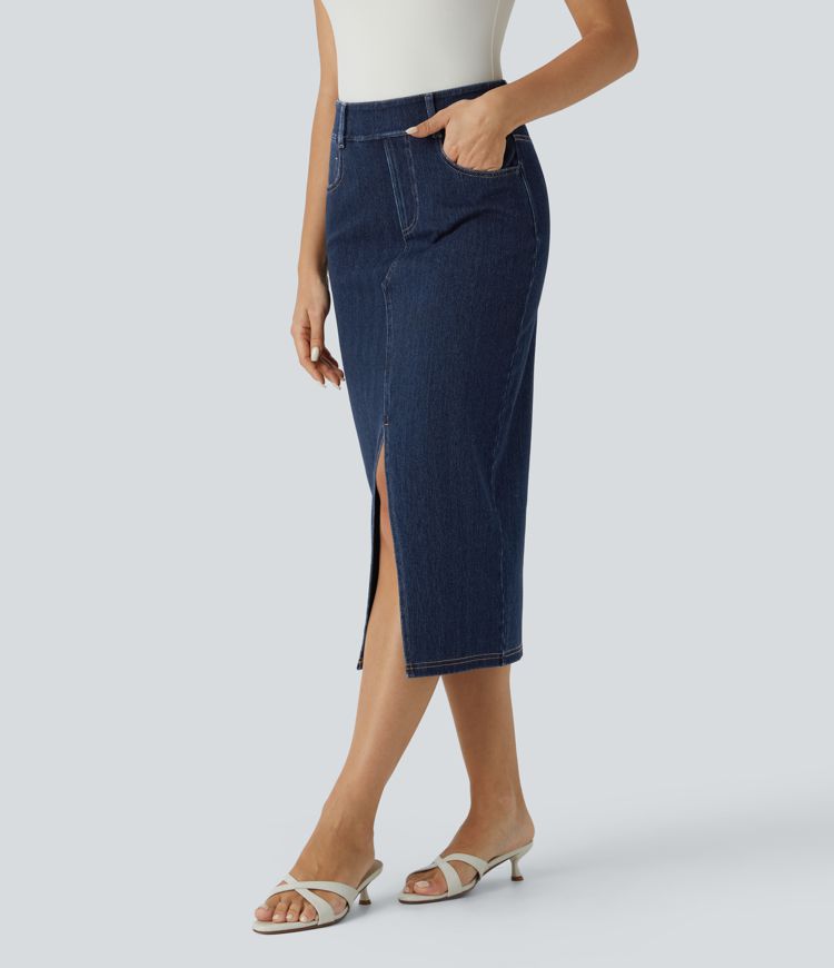 Denim Midi Skirt | High-Waisted | Stretch Cotton