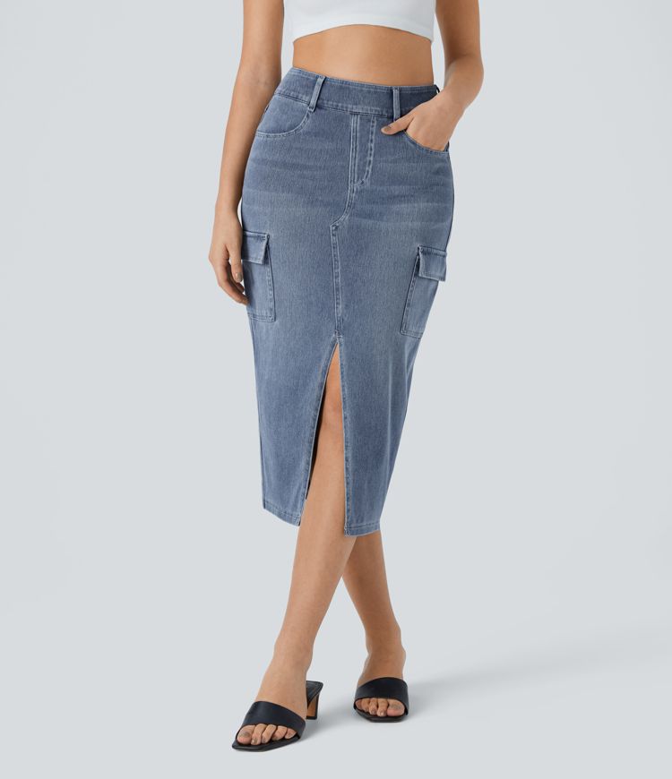 High-Waisted Denim Cargo Skirt | Light Wash | Side Slit & Pocket Details | Casual Utility Style