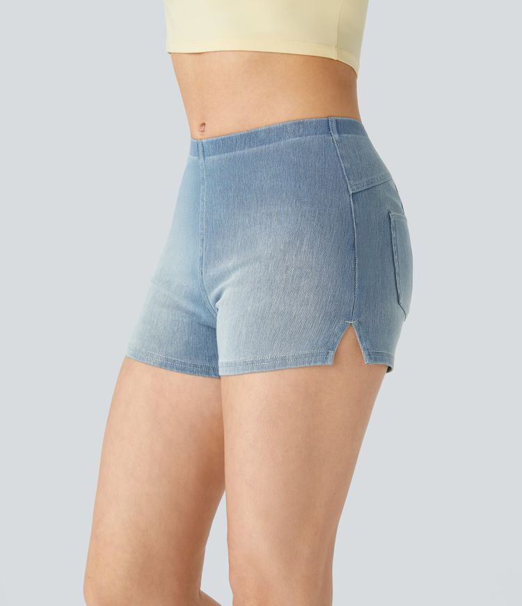 High-Waisted Cheeky Denim Shorts with Side Slits | Stretch Cotton | Bold and Playful