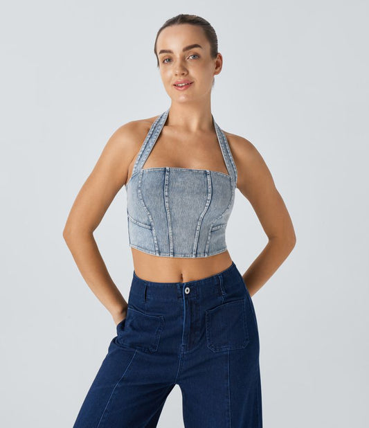 Halter Denim-Look Crop Top | Stretch Cotton Blend | Back Tie Detail | Trendy Summer Style