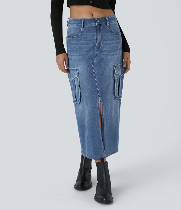 High-Waisted Denim Midi Skirt | Utility Pockets & Side Slit | Light Wash | Casual-Chic Style