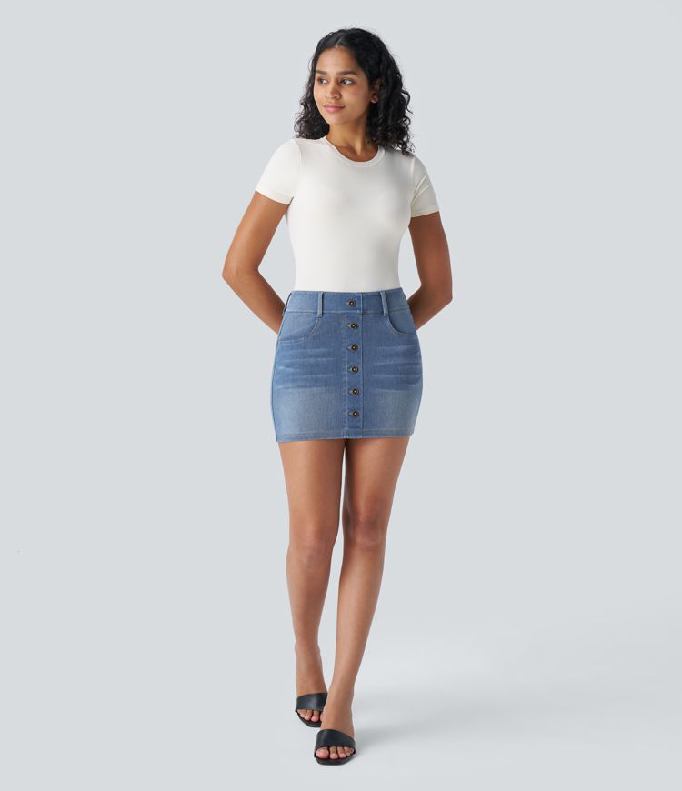 High-Waisted Button-Front Denim Mini Skirt | Stretch Cotton | Classic and Trendy