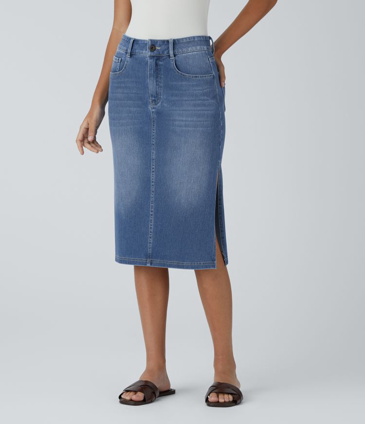 High-Waisted Denim Pencil Skirt | Light Wash | Side Slit Detail | Casual Chic