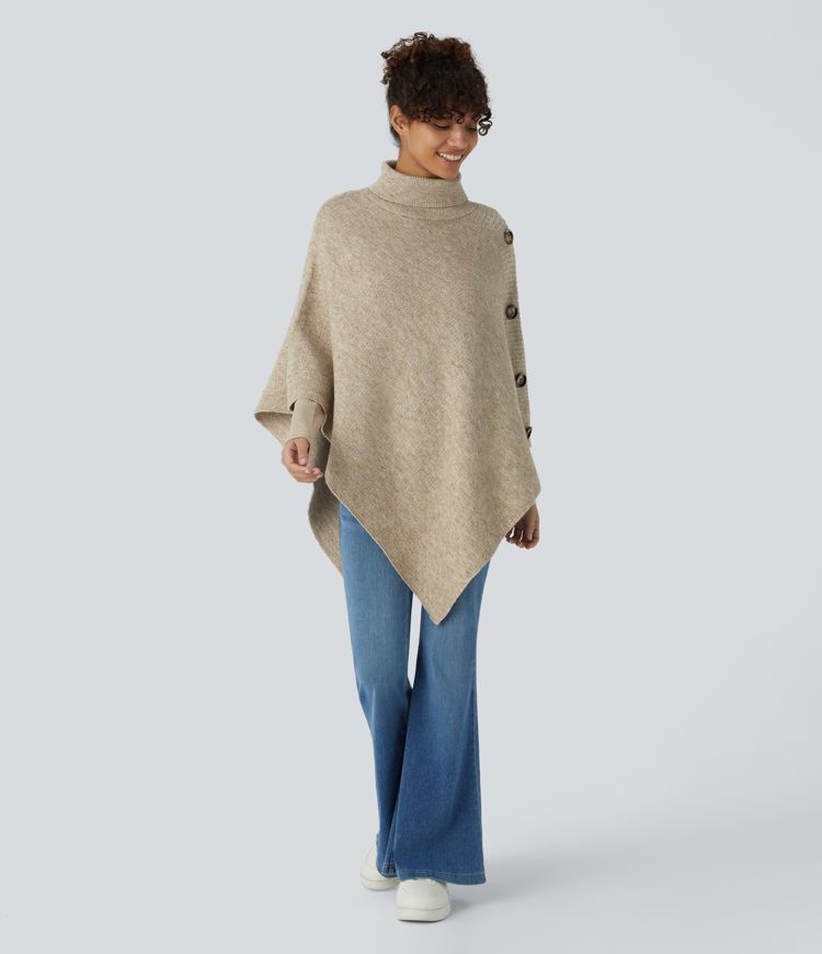 Asymmetric Knit Poncho with Button Details | Beige | Cozy and Chic