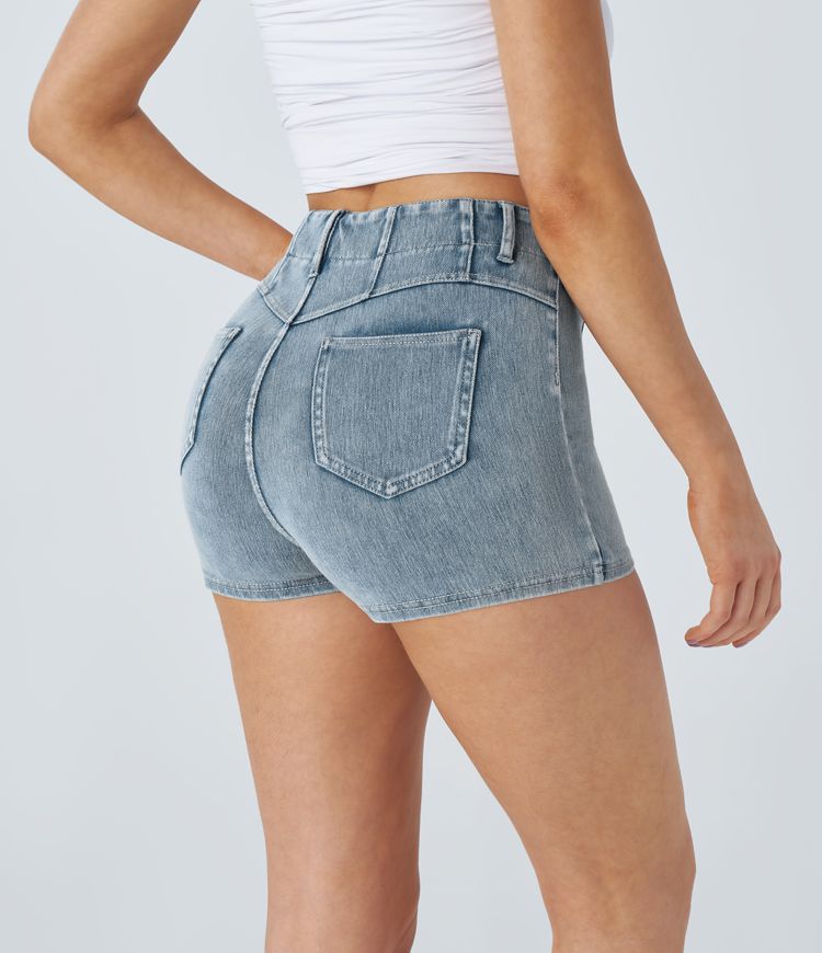 High-Waisted Button-Front Cheeky Denim Shorts | Stretch Cotton | Retro and Playful