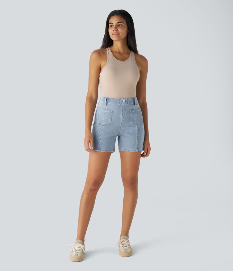 High-Waisted Denim Shorts with Patch Pockets | Stretch Cotton | Vintage and Stylish