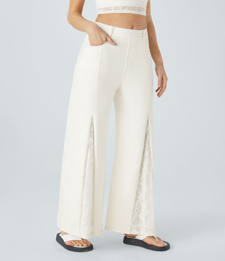 High-Waisted Wide-Leg Pants | White with Lace Panels | Lightweight and Chic