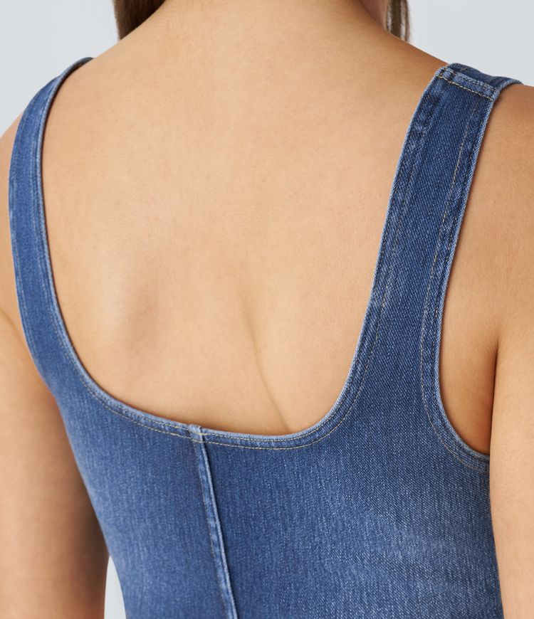 Denim-Look Crop Top | Stretch Cotton Blend | Square Neckline | Casual Summer Style