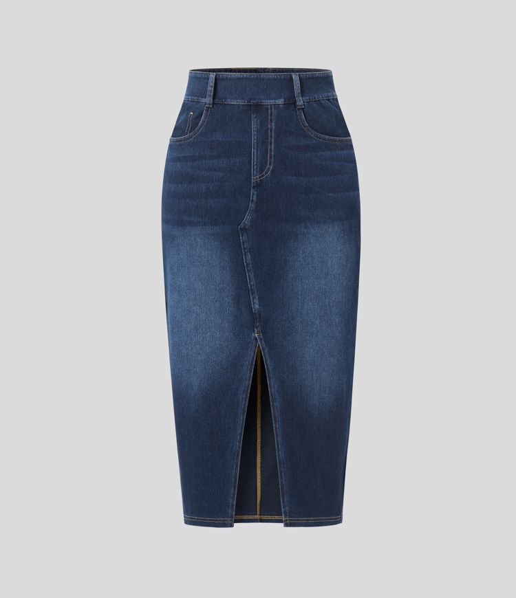 High-Waisted Denim Pencil Skirt with Front Slit | Stretch Denim | Chic and Flattering