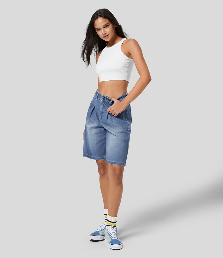 Knee-Length Pleated Denim Shorts | High-Waisted | Relaxed Fit