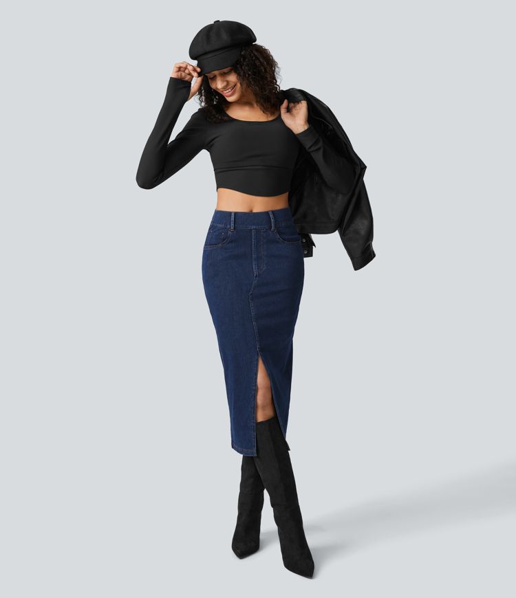 High-Waisted Denim Midi Skirt with Side Slit | Stretch Denim | Elegant and Versatile