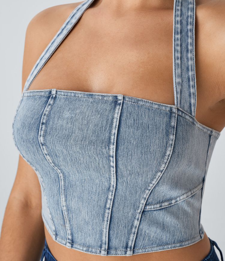 Halter Denim-Look Crop Top | Stretch Cotton Blend | Back Tie Detail | Trendy Summer Style